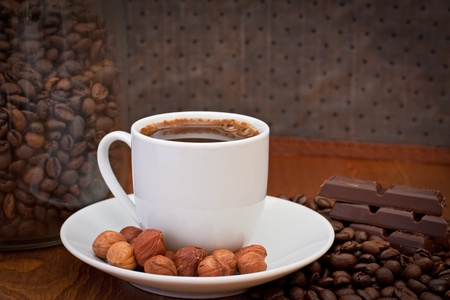 cup of coffee, hazelnut and chocolate の写真素材