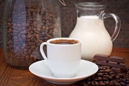 cup of coffee, milk and chocolate の写真素材