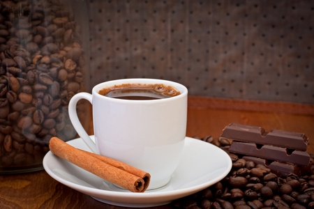 cup of coffee, cinnamon and chocolate の写真素材