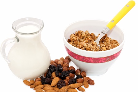 muesli milk nuts and raisins の写真素材