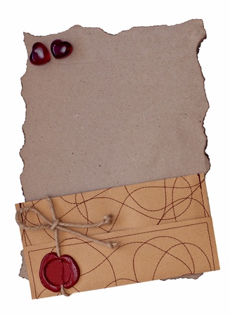 old paper, envelope and two hearts over whiteの写真素材