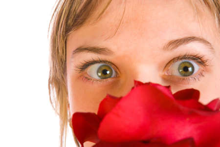 Adorable woman with flowers isolated over whiteの写真素材