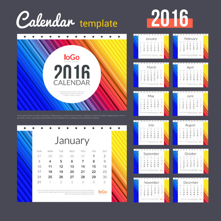Desk Calendar 2016 Design Template with abstract trendy colorful pattern. Set of 12 Months. vector illustration.のイラスト素材
