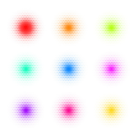 Set of Circle Colorful Dot Banners. Noisy Round concepts. Dotwork Halftone Backgrounds. Vector Illustrationのイラスト素材