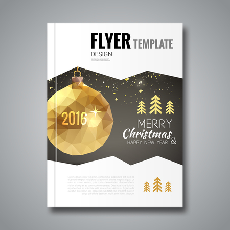 Merry Christmas Happy New Year trendy Brochure design triangular Gold xmas ball shape in hipster origami style flyer design with xmas trees and place for textのイラスト素材