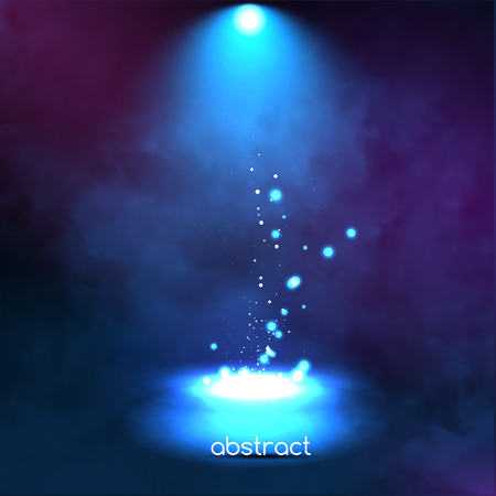 Premiere Blue Show background sparkles. Smoky vector stage shining with rays spotlight on glowing particlesのイラスト素材