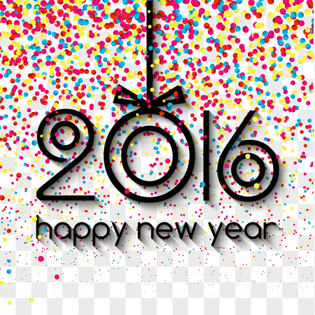 Happy New Year 2016 Creative Colorful Glitter Confetti Greeting Card Design with Xmas Ball Concept on transparent background. Lettering 2016 design. Holiday backgroundのイラスト素材
