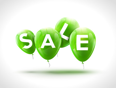Flying balloons, concept of SALE for shops. Four Green flying party balloons with text SALE. Sale discount concept vector illustrationのイラスト素材