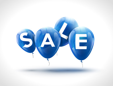 Flying balloons, concept of SALE for shops. Four Blue flying party balloons with text SALE. Sale discount concept vector illustrationのイラスト素材