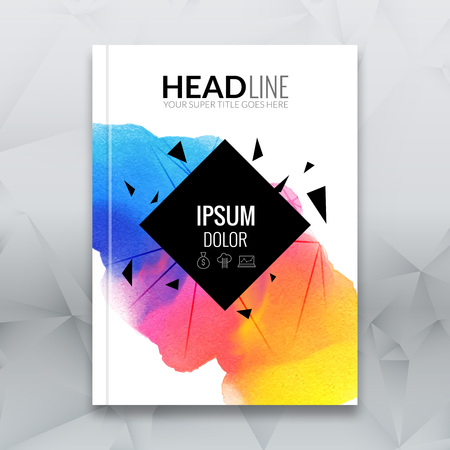 Business brochure report design template. Vector flyer layout, colorful watercolor polygonal triangle background mockup elements for magazine, cover, poster design. A4 size.のイラスト素材