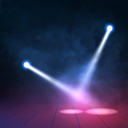 Floodlights spotlights illuminates wooden scene. Vector illustartion.のイラスト素材