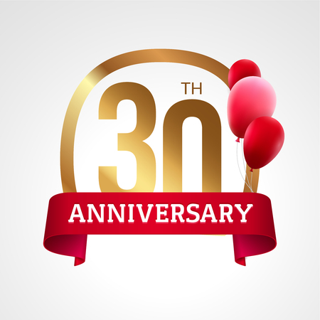 Celebrating 30 years anniversary golden label with ribbon and balloons, vector template.のイラスト素材