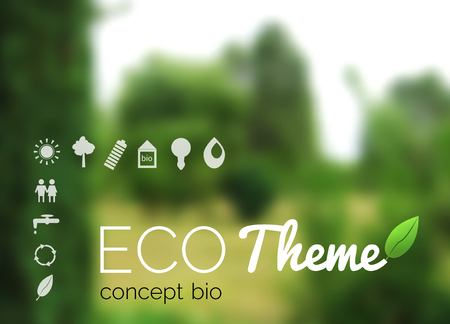 Vector blurred landscape, forest, ecology label, nature view. Forest blur background, web and mobile interface template. Eco design with icons.のイラスト素材