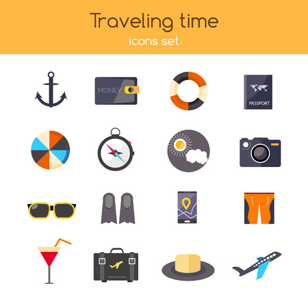 Flat design. icons set of planning a summer vacation travelling, holidays, journey, tourism, travel objects, passenger luggage. Isolated on stylish blue background with shadowsのイラスト素材