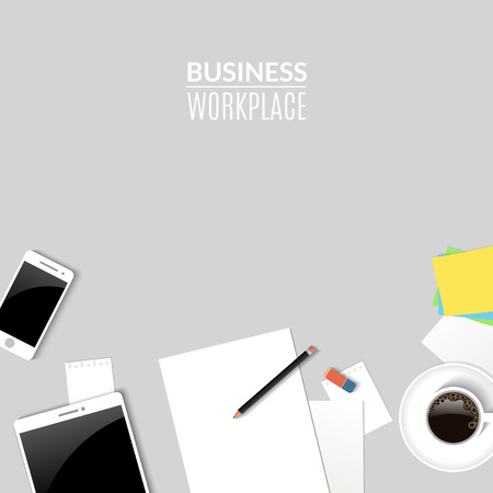 Top view desk work. Work place with tablet phone and paper documents, coffee cup. Business office.のイラスト素材
