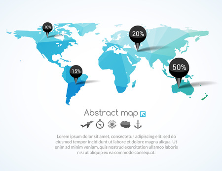 Vector blue triangle world map with tags, points and destinations with icons airplane, sun, cloud, anchor, compass, travel concept.のイラスト素材