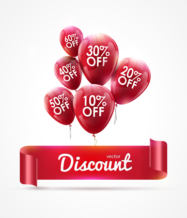 Flying colored red balloons with ribbon and discountのイラスト素材