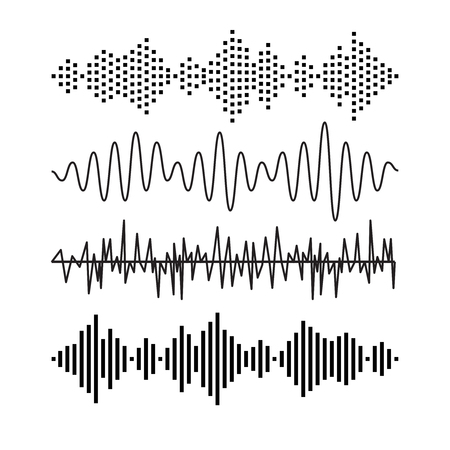 Set of sound audio waves music. EQ musical melody technology. Record vector. Musical wave form. Rocorder melody sound. Music wave elements.のイラスト素材