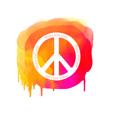 Peace sign on watercolor splatter. Hippie background.のイラスト素材