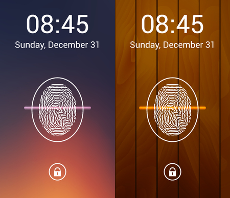 Set of Abstract Color Mobile Phones Backgrounds. Security fingerprint scanner concept. Lock screen set. Vector Illustrationsのイラスト素材