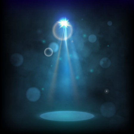 Premiere Blue Show background sparkles. Smoky vector stage shining with rays spotlight.のイラスト素材