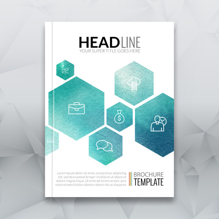 Business brochure report design template. Vector flyer layout, colorful watercolor polygonal background mockup elements for magazine, cover, poster design. A4 sizeの写真素材