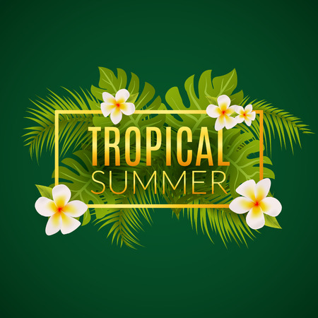 Tropical summer design poster template. Summer vacation with leafs and flowers. Jungle paradise.のイラスト素材
