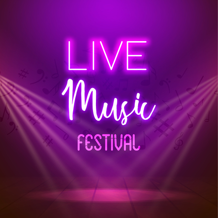 Neon Live Music Concert Acoustic Party Poster Background Template with spotlight and stage.のイラスト素材