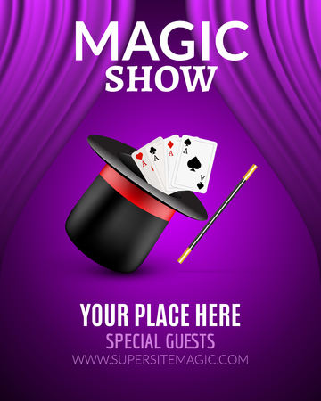 Magic Show poster design template. Magic show flyer design with magic hat and curtains.のイラスト素材