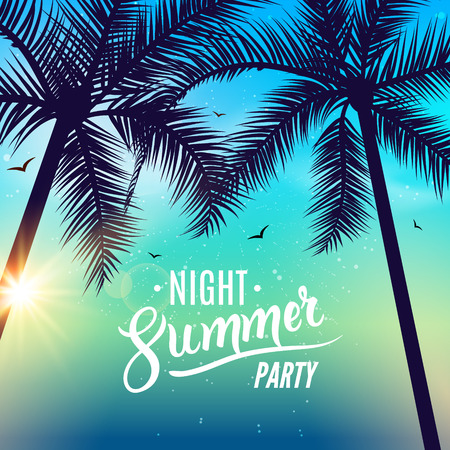 Summer night dance party. Beach summer night party poster. Travel vacation design flyer.のイラスト素材