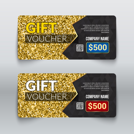 Gift voucher certificate Design with Gold Glitter Texture. Invitation Decorative Card Template, holiday Invitation.のイラスト素材