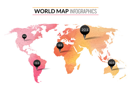 Colorful vector watercolor world map infographics with tags pins and percents.のイラスト素材