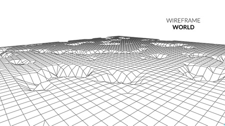 Wireframe Landscape Background. Futuristic Landscape with line Grid. Low Poly 3D Wireframe Mapping. Network Cyber Technology background.のイラスト素材