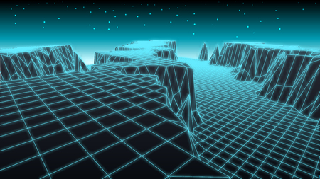 Abstract glowing wireframe landscape background. Mountains technology concept.のイラスト素材