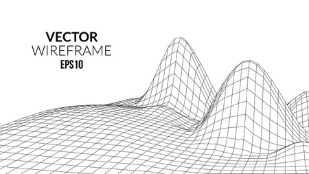 Wireframe Landscape Background. Futuristic Landscape with line Grid. Low Poly 3D Wireframe Mapping. Network Cyber Technology background.のイラスト素材