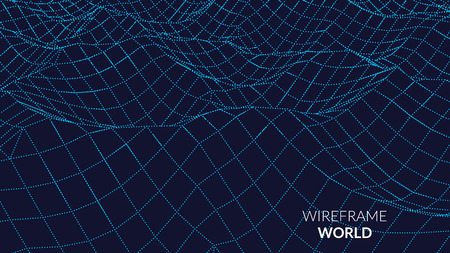 Wireframe Landscape Background. Futuristic Landscape with line Grid. Low Poly 3D Wireframe Mapping....