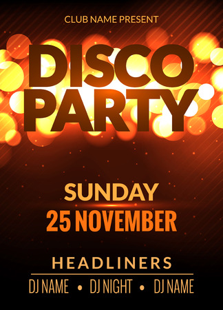 Vector night party poster template with shining golden lights background. Disco club flyer event design invitationのイラスト素材