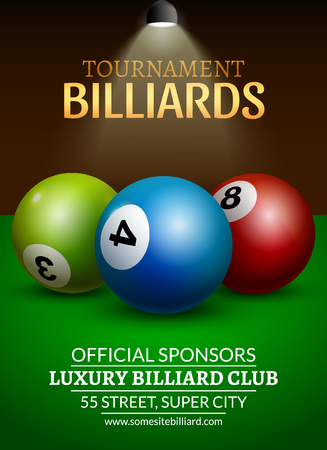 Vector Billiard challenge poster. 3d realistic balls on billiard table with lamp. Flyer design cover championship.のイラスト素材