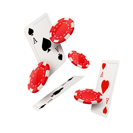 Casino poker design template. Falling poker cards and chips game concept. Casino lucky background isolated.のイラスト素材