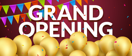 Grand Opening event invitation banner with golden balloons and confetti. Grand Opening poster template design.のイラスト素材