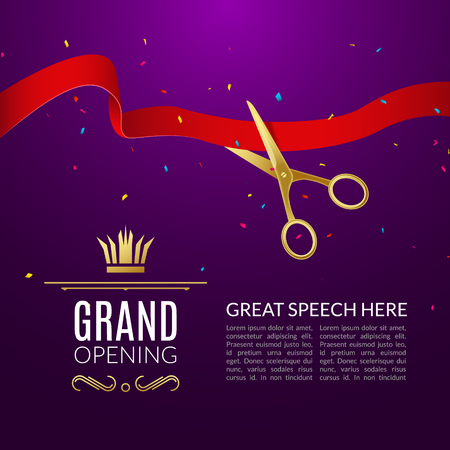 Grand Opening design template with ribbon and scissors. Grand open ribbon cut conceptのイラスト素材