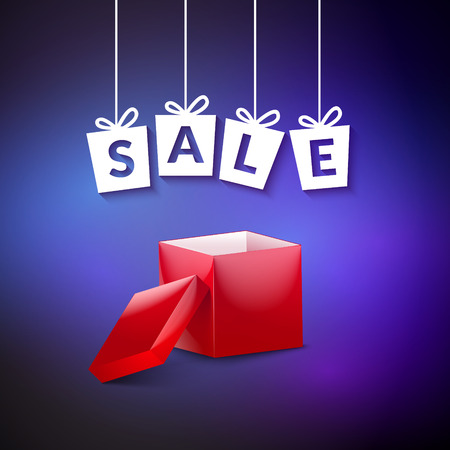 Open Red Gift Box. Vector sale background for holiday. Discount birthday card design. Greeting design celebration.のイラスト素材