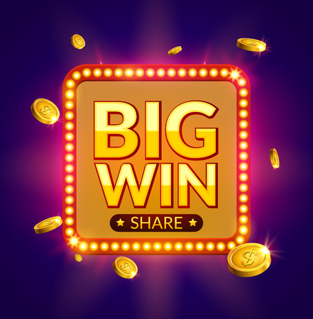 Big Win glowing retro banner for online casino, slot, card games, poker or roulette. Jackpot prize design with coins background. Winner sign.のイラスト素材