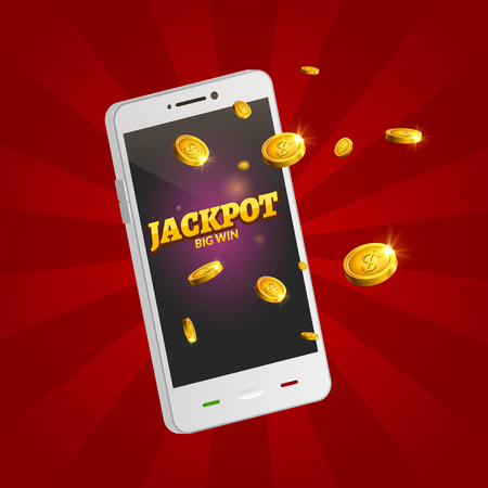 Jackpot money smart phone coins big win. Big income earn mobile technology.のイラスト素材