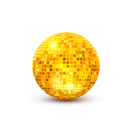 Disco ball isolated illustration. Night Club party light element. Bright mirror golden ball design for disco dance club.のイラスト素材