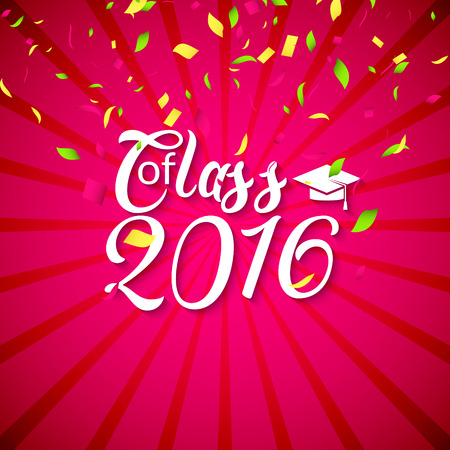 Hand drawn lettering typography Class of 2016. Graduation icon lable. Lettering for graduation design, congratulation party with confetti. High school or college graduate.のイラスト素材