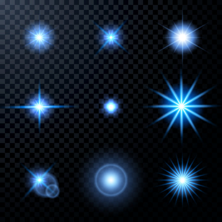 Realistic glow light effects. Lens flare set. Realistic glowing sparkles particles effects on dark transparent grid.のイラスト素材