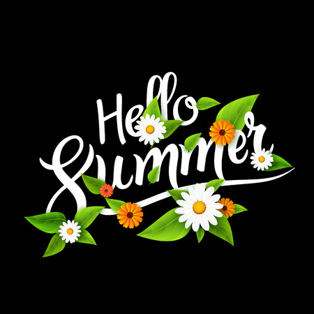 Hello summer lettering typography with flowers on whiteのイラスト素材