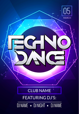 Techno music poster. Electronic club deep music. Musical event disco trance sound. Night party invitation. DJ flyer poster.のイラスト素材