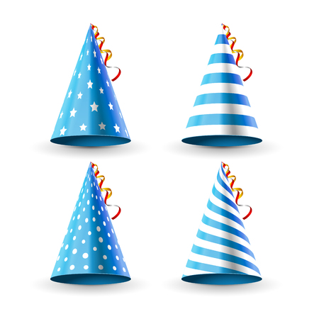 Party hat set isolated on a white. Birthday hat set. Vector fun decoration. Colorful surprise costume.のイラスト素材